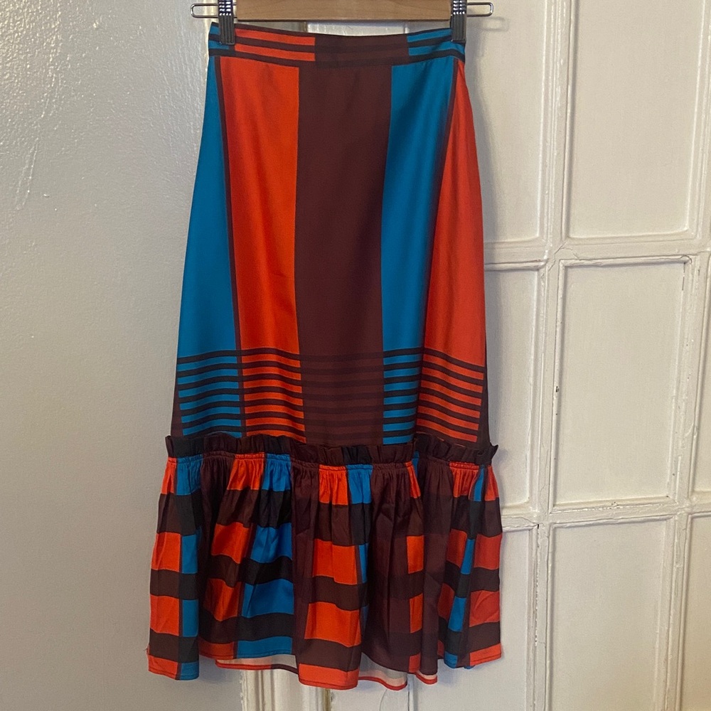 Eva Franco Colorful Striped Midi Skirt in Orange and Blue